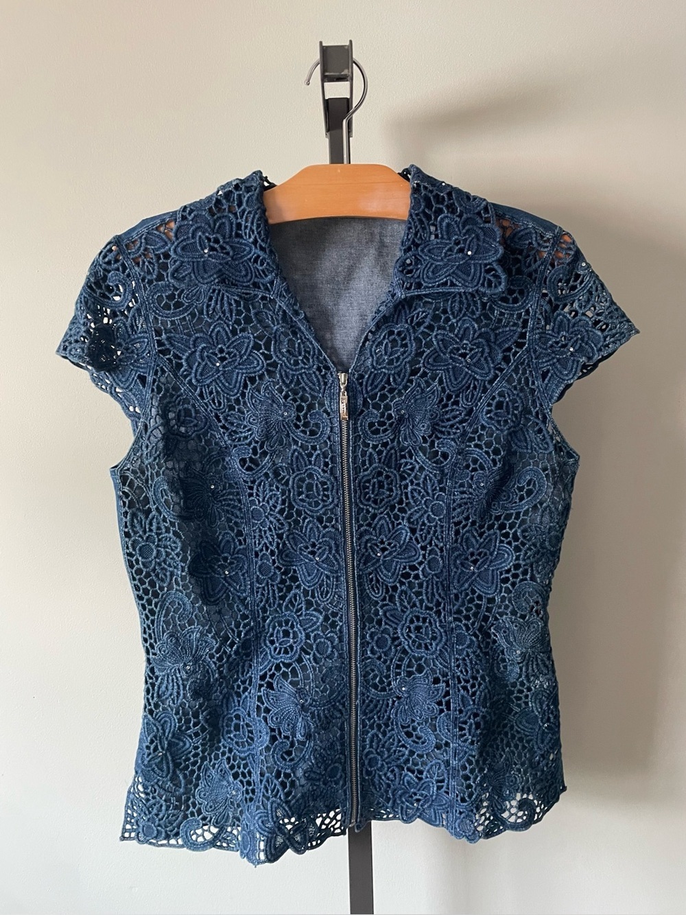 90s Y2K Vintage Acezung Denim Crochet Lace Zip Up Eyelet Top Western Rodeo
